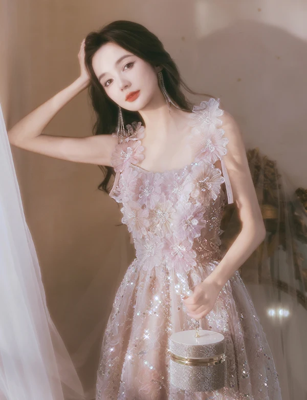 Flower Fairy Blushing Pink Beading Sequins Appliques Prom Dresses 2024 A-Line / Princess Square Neckline Sleeveless Backless Floor-Length / Long Prom Formal Dresses