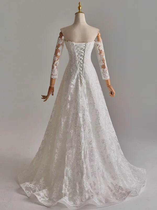 Schlicht Weiß Pailletten Spitze Blumen Brautkleider / Hochzeitskleider 2025 A Linie Off Shoulder Lange Ärmel Rückenfreies Sweep / Pinsel Zug Hochzeit