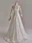 Schlicht Weiß Pailletten Spitze Blumen Brautkleider / Hochzeitskleider 2025 A Linie Off Shoulder Lange Ärmel Rückenfreies Sweep / Pinsel Zug Hochzeit