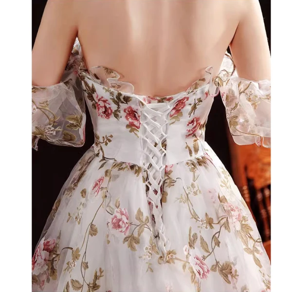 Flower Fairy White Floral Prom Dresses 2023 A-Line / Princess Off-The-Shoulder Short Sleeve Backless Floor-Length / Long Prom Formal Dresses