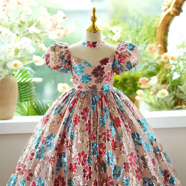 Sparkly Multi-Colors Sequins Birthday Flower Girl Dresses 2024 Ball Gown High Neck Puffy Short Sleeve Backless Floor-Length / Long Flower Girl Dresses