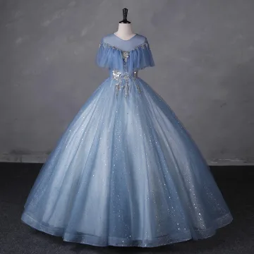 Mode Bleu Ciel Glitter Perlage Étoile Paillettes Robe De Bal 2023 Robe Boule Encolure Dégagée Manches Courtes Dos Nu Longue Promo Robe De Ceremonie