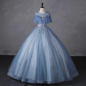 Mode Himmelblau Glanz Perlenstickerei Star Pailletten Ballkleider 2023 Ballkleid Rundhalsausschnitt Kurze Ärmel Rückenfreies Lange Ball Festliche Kleider