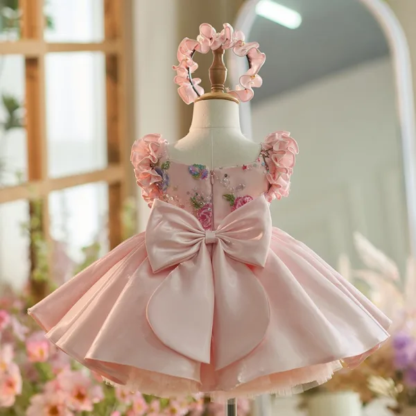 Flower Fairy Blushing Pink Beading Sequins Lace Flower Birthday Satin Flower Girl Dresses 2024 Ball Gown Scoop Neck Bow Short Sleeve Short Flower Girl Dresses