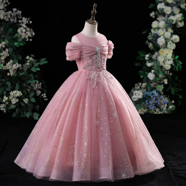 Chic / Beautiful Blushing Pink Birthday Flower Girl Dresses 2022 Scoop Neck Beading Pearl Lace Flower Sequins Short Sleeve Floor-Length / Long Flower Girl Dresses