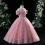 Chic / Beautiful Blushing Pink Birthday Flower Girl Dresses 2022 Scoop Neck Beading Pearl Lace Flower Sequins Short Sleeve Floor-Length / Long Flower Girl Dresses