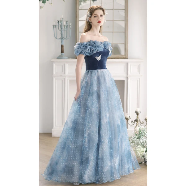 Mode Meeresblau Perle Schmetterling Geflecktes Ballkleider 2023 A Linie Rüschen Off Shoulder Kurze Ärmel Rückenfreies Lange Ball Festliche Kleider