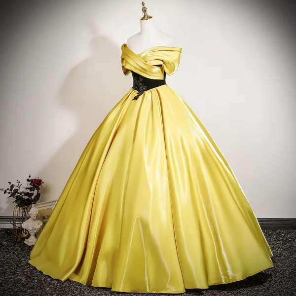 Vintage / Retro Yellow Lace Flower Prom Dresses 2025 Ball Gown Off-The-Shoulder Short Sleeve Backless Floor-Length / Long Prom Formal Dresses