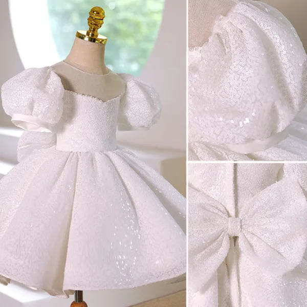Sparkly Ivory Sequins Pearl Birthday Flower Girl Dresses 2022 Trumpet / Mermaid Scoop Neck Puffy Short Sleeve Bow Short Flower Girl Dresses