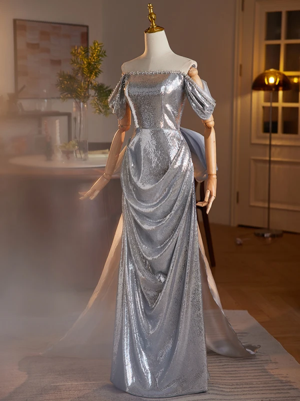 Scintillantes Argenté Paillettes Robe De Soirée Trompette / Sirène 2024 De l'épaule Sans Manches Dos Nu Noeud Longue Soirée Robe De Ceremonie