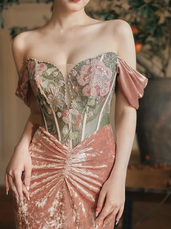 Sexy Rougissant Rose Perlage Glitter Paillettes Robe De Soirée 2025 Trompette / Sirène De l'épaule Sans Manches Dos Nu Train De Balayage Soirée Robe De Ceremonie