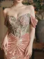 Sexy Rougissant Rose Perlage Glitter Paillettes Robe De Soirée 2025 Trompette / Sirène De l'épaule Sans Manches Dos Nu Train De Balayage Soirée Robe De Ceremonie