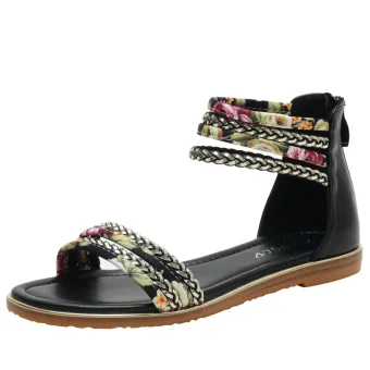 Fashion Black Holiday Beach Flat Womens Sandals 2022 Ankle Strap Open Peep Toe Sandals