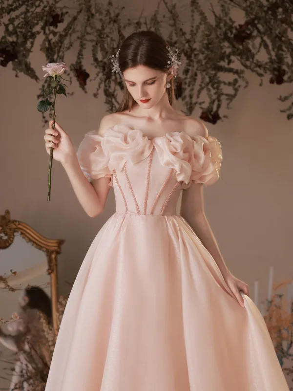 Lovely Blushing Pink Prom Dresses 2022 A-Line / Princess Ruffle Off-The-Shoulder Beading Short Sleeve Backless Floor-Length / Long Prom Formal Dresses