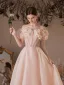 Lovely Blushing Pink Prom Dresses 2022 A-Line / Princess Ruffle Off-The-Shoulder Beading Short Sleeve Backless Floor-Length / Long Prom Formal Dresses