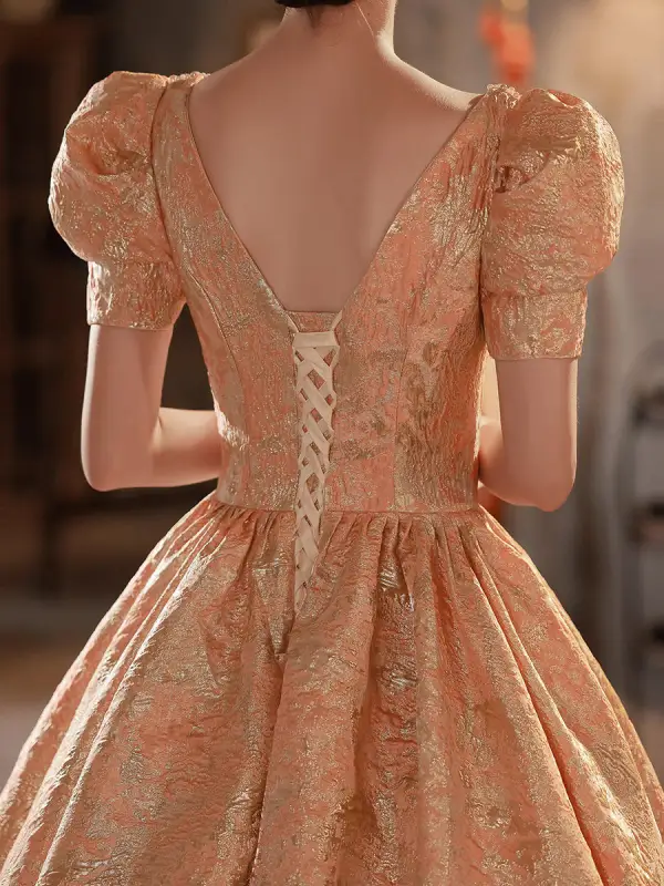 Chic / Beautiful Blushing Pink Beading Pearl Prom Dresses 2022 Ball Gown Square Neckline Puffy Short Sleeve Backless Floor-Length / Long Prom Formal Dresses