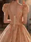 Chic / Beautiful Blushing Pink Beading Pearl Prom Dresses 2022 Ball Gown Square Neckline Puffy Short Sleeve Backless Floor-Length / Long Prom Formal Dresses
