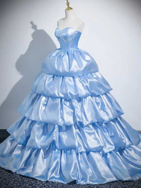Fashion Sky Blue Pearl Rhinestone Prom Dresses 2025 Ball Gown Strapless Sleeveless Backless Court Train Satin Prom Formal Dresses