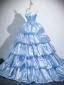 Fashion Sky Blue Pearl Rhinestone Prom Dresses 2025 Ball Gown Strapless Sleeveless Backless Court Train Satin Prom Formal Dresses