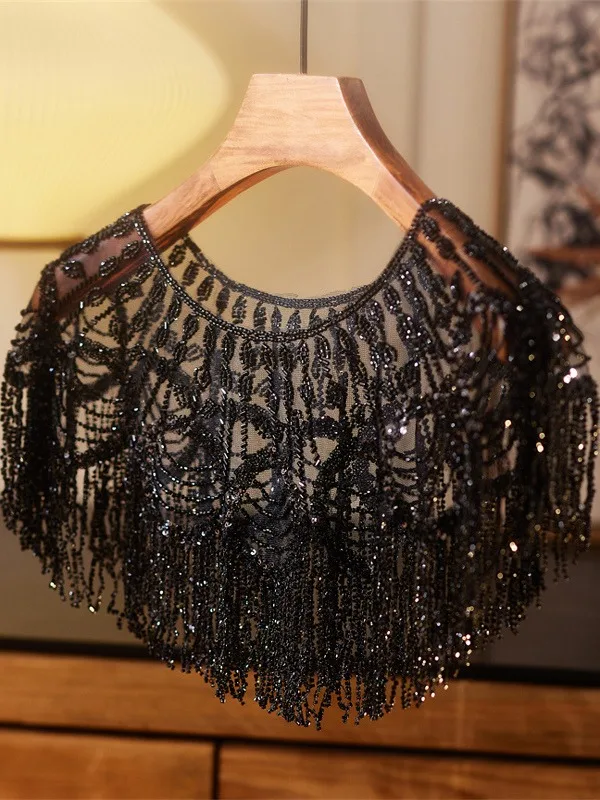 Vintage / Originale Noire Fait main Perlage Gland En Dentelle châle 2025