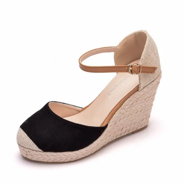 Chic / Beautiful Beige Street Wear Braid Womens Sandals 2024 9 cm Wedges Round Toe Sandals