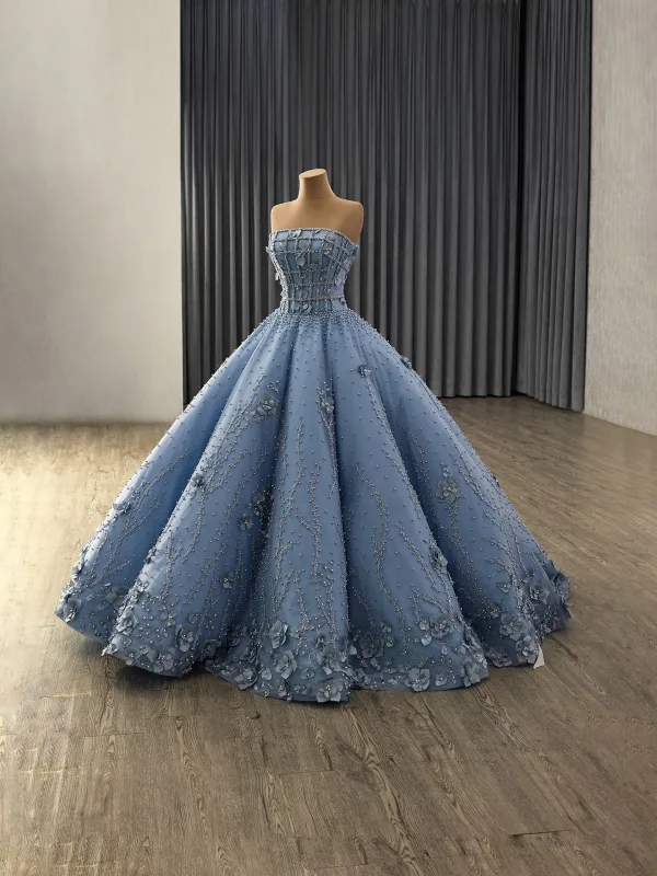 Luxury / Gorgeous Flower Fairy Pool Blue Handmade  Beading Pearl Sequins Appliques Prom Dresses 2025 Ball Gown Strapless Sleeveless Backless Floor-Length / Long