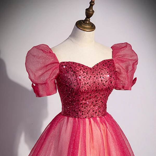 Elegante Rot Pailletten Ballkleider 2022 Ballkleid Eckiger Ausschnitt Geschwollenes Kurze Ärmel Rückenfreies Lange Ball Festliche Kleider