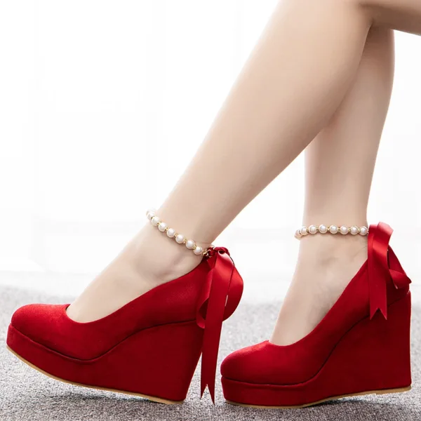 Chic / Beautiful Red Evening Party Pearl T-Strap Bow Womens Shoes 2023 10 cm Wedges Round Toe Womens Shoes