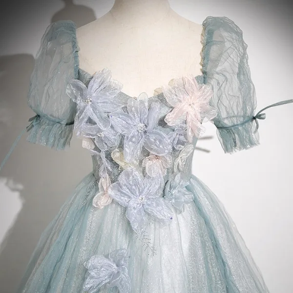 Chic / Beautiful Sky Blue Beading Appliques Prom Dresses 2025 Ball Gown Square Neckline Short Sleeve Backless Floor-Length / Long Formal Dresses