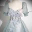 Chic / Beautiful Sky Blue Beading Appliques Prom Dresses 2025 Ball Gown Square Neckline Short Sleeve Backless Floor-Length / Long Formal Dresses