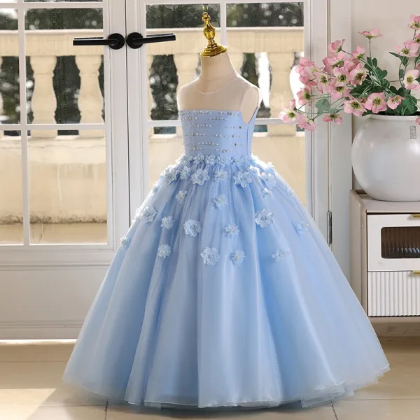 Chic / Beautiful Sky Blue Appliques Pearl Birthday Flower Girl Dresses 2025 Ball Gown Scoop Neck Sleeveless Backless Floor-Length / Long