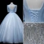 Elegant Sky Blue Beading Sequins Prom Dresses 2022 Ball Gown High Neck Short Sleeve Backless Floor-Length / Long Prom Formal Dresses