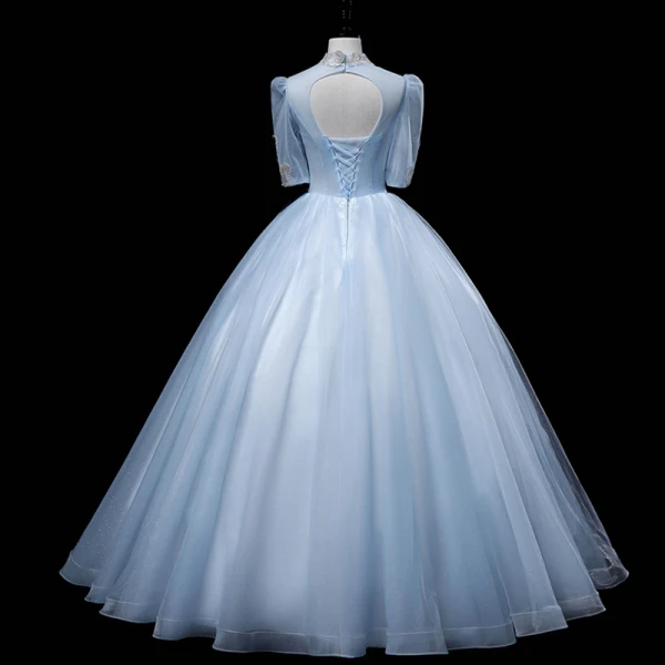 Elegant Sky Blue Beading Sequins Prom Dresses 2022 Ball Gown High Neck Short Sleeve Backless Floor-Length / Long Prom Formal Dresses