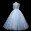 Elegant Sky Blue Beading Sequins Prom Dresses 2022 Ball Gown High Neck Short Sleeve Backless Floor-Length / Long Prom Formal Dresses
