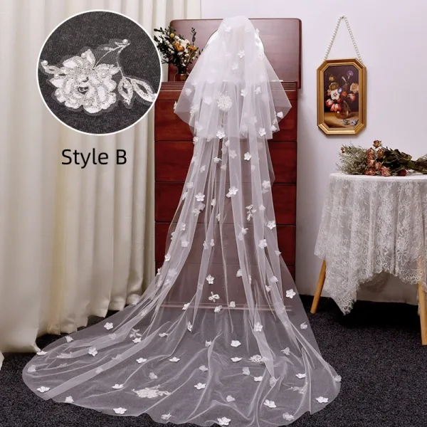 Chic / Beautiful White Handmade  Lace Flower Sweep Train 3 m Wedding Veils 2025