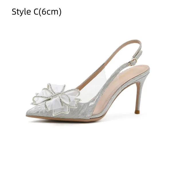 Charmig Silver Rhinestone Rosett Brudskor 2026 10 cm Stilettklackar Spetsiga Bröllop Högklackade