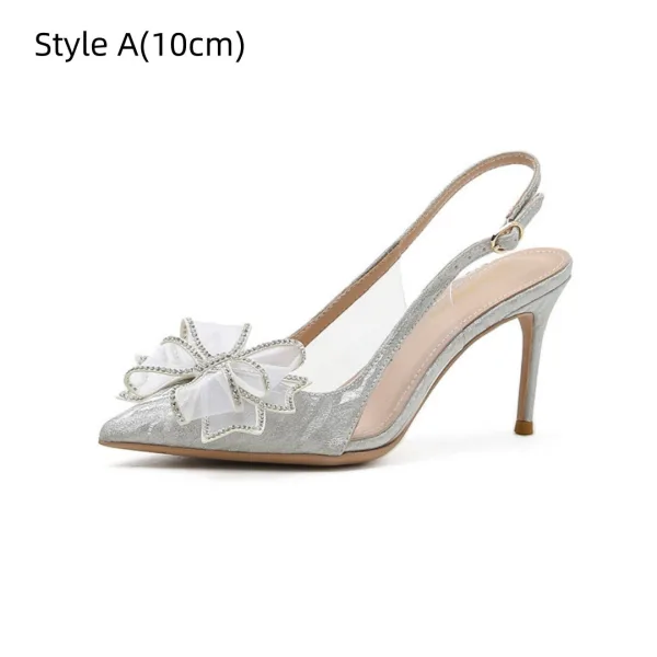 Charmig Silver Rhinestone Rosett Brudskor 2026 10 cm Stilettklackar Spetsiga Bröllop Högklackade