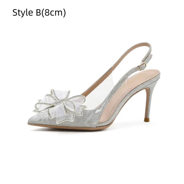 Charmig Silver Rhinestone Rosett Brudskor 2026 10 cm Stilettklackar Spetsiga Bröllop Högklackade