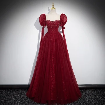 Elegant Burgundy Beading Rhinestone Prom Dresses 2023 A Line Princess Scoop Neck Puffy Short Sleeve Backless Floor Length Long Formal Dresses