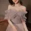 Charming Grey Beading Sequins Evening Dresses 2022 A-Line / Princess Off-The-Shoulder Short Sleeve Backless Floor-Length / Long Evening Party Prom Dresses