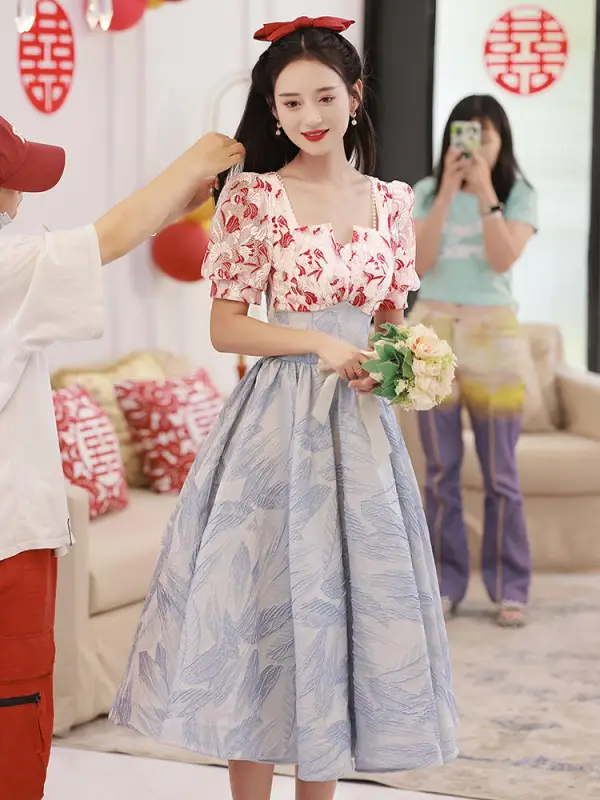 Chic / Belle Rouge En Dentelle Fleur Robe De Bal 2022 Princesse Encolure Carrée Manches Courtes Dos Nu Thé Longueur Promo Robe De Ceremonie