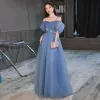 Chic / Beautiful Ocean Blue Prom Dresses 2022 A-Line / Princess Square Neckline Pearl Sequins Butterfly Short Sleeve Backless Floor-Length / Long Formal Dresses