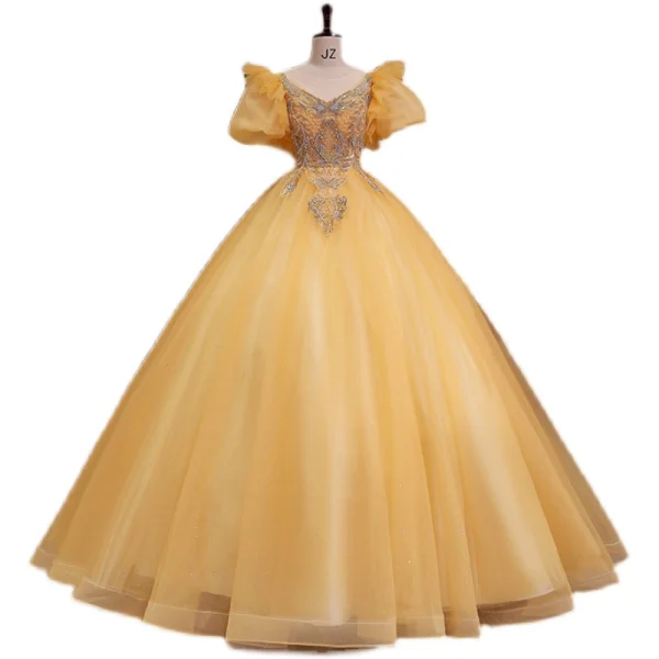 Elegant Yellow Prom Dresses 2022 Ball Gown Scoop Neck Puffy Short Sleeve Beading Pearl Sequins Backless Floor-Length / Long Prom Formal Dresses