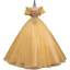 Elegant Yellow Prom Dresses 2022 Ball Gown Scoop Neck Puffy Short Sleeve Beading Pearl Sequins Backless Floor-Length / Long Prom Formal Dresses