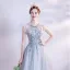 Chic / Beautiful Sky Blue Beading Pearl Rhinestone Prom Dresses 2023 A-Line / Princess Scoop Neck Bow Sleeveless Backless Floor-Length / Long Prom Formal Dresses
