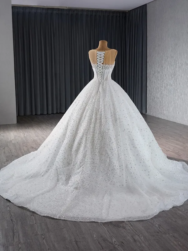 High-end White Handmade  Beading Sequins Wedding Dresses 2024 Ball Gown Scoop Neck Sleeveless Court Train Wedding