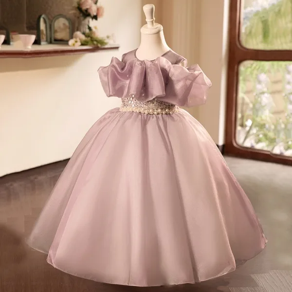 Chic / Beautiful Dusky Pink Beading Pearl Sequins Birthday Flower Girl Dresses 2024 Ball Gown Scoop Neck Ruffle Short Sleeve Backless Floor-Length / Long Flower Girl Dresses