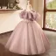 Chic / Beautiful Dusky Pink Beading Pearl Sequins Birthday Flower Girl Dresses 2024 Ball Gown Scoop Neck Ruffle Short Sleeve Backless Floor-Length / Long Flower Girl Dresses