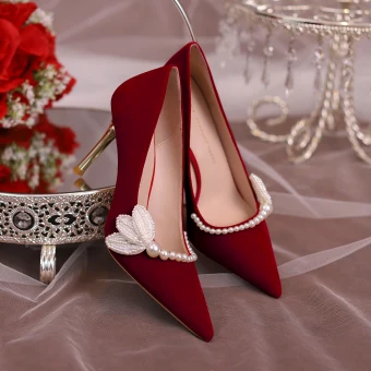 Chic Belle Bordeaux Perle Chaussure De Mariée 2023 8 Cm Talons Aiguilles À Bout Pointu Mariage Escarpins Talons Hauts