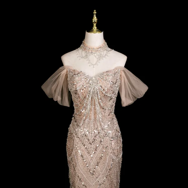 Luxe Scintillantes Champagne Perlage Faux Diamant Paillettes Robe De Soirée 2025 Trompette / Sirène Bustier Sans Manches Dos Nu Train De Balayage Soirée Robe De Ceremonie